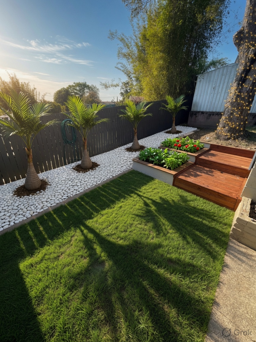 Landscaped backyard with timber deck and garden bed
